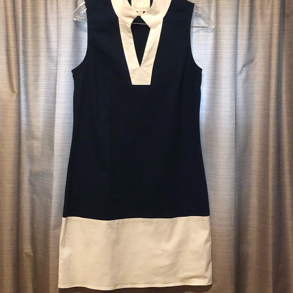 Navy sleeveless dress with white detail